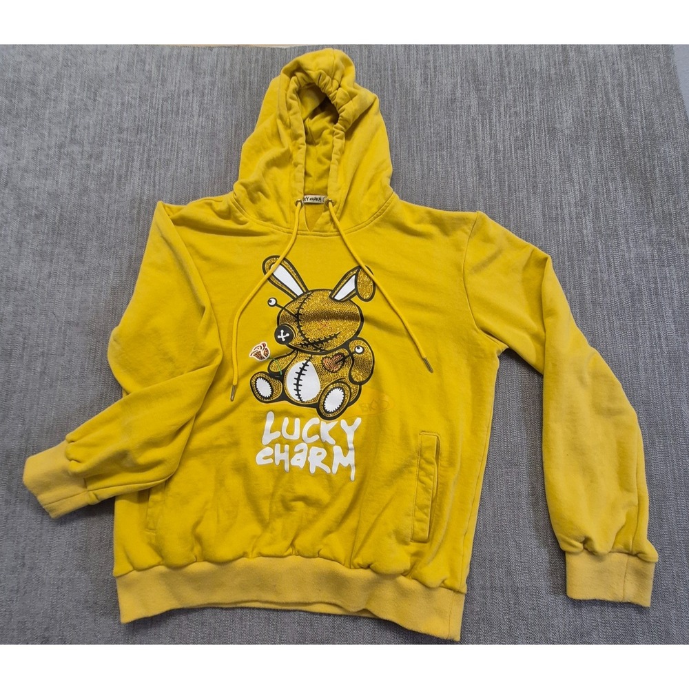 BKYS Lucky Charm Yellow Bling Teddy Bear Hoodie 100% Cotton Y2K Streetwear Large